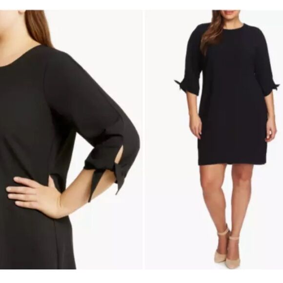 CECE Black 3/4 Sleeve Tie Cuffs Essential Classic Shift Knee Dress Size 4 - Picture 9 of 9